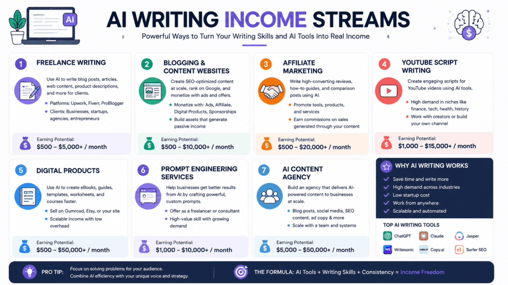 How to Make Money with AI Writing Tools through blogging affiliate marketing YouTube scripts and AI agencies