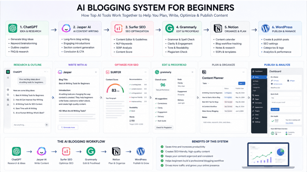 AI Blogging System for Beginners using ChatGPT Jasper Surfer SEO Grammarly Notion and WordPress