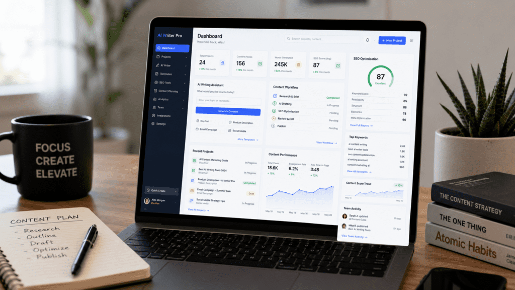AI writer dashboard with content workflow SEO optimization analytics and publishing systems