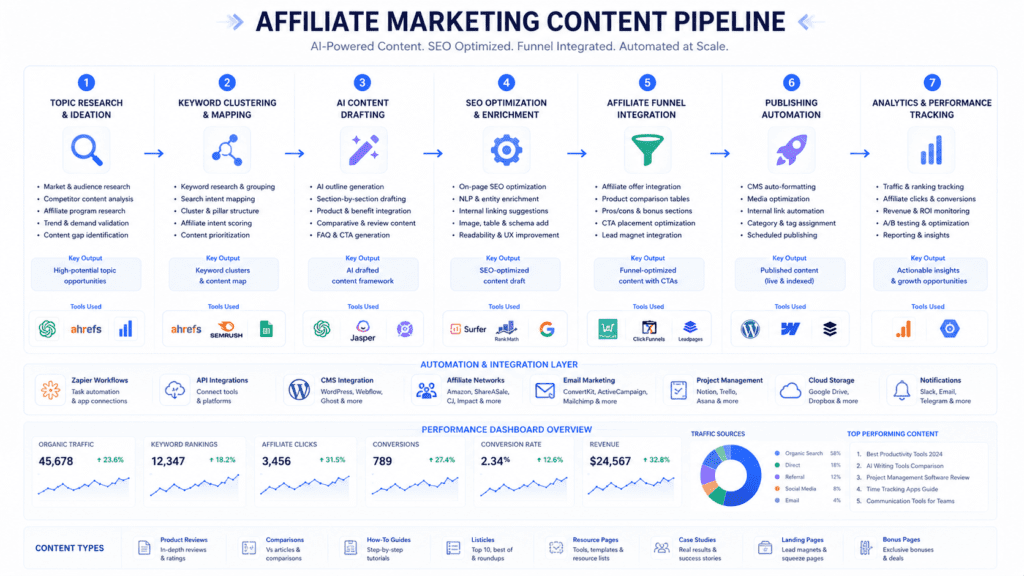 Affiliate marketing content pipeline with AI drafting SEO optimization publishing automation and analytics