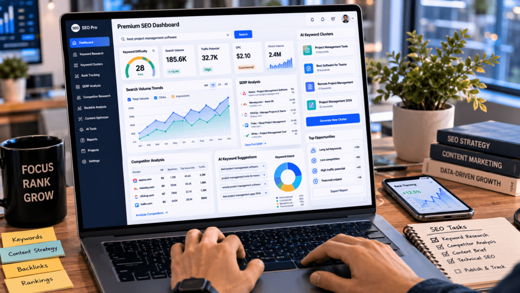 Premium SEO dashboard for keyword research with AI showing competitor analysis keyword intent and ranking data