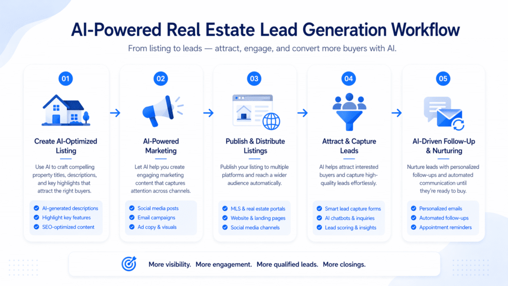 AI powered real estate lead generation workflow using AI tools for real estate from listing to lead nurturing