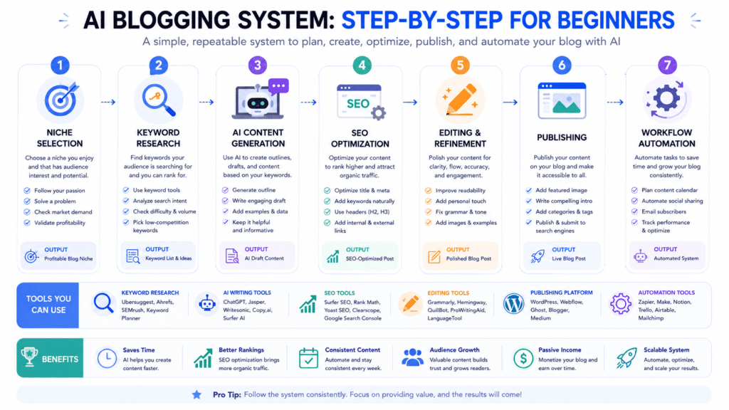 AI Blogging System for Beginners step by step workflow from niche selection to automation