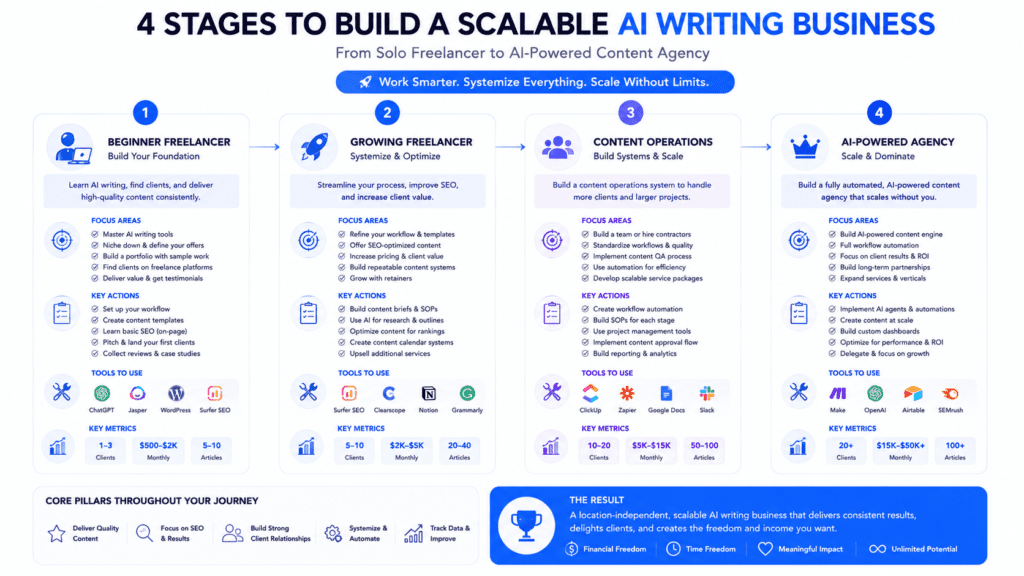 Stages to build a scalable AI writing business from freelancer to AI-powered content agency