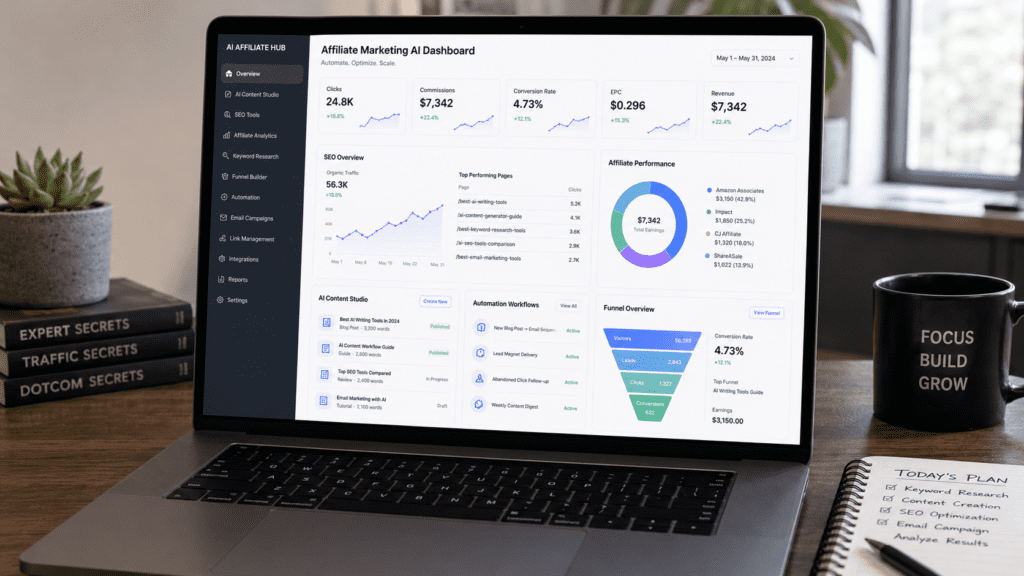Affiliate Marketing AI dashboard showing commissions SEO traffic funnels and automation workflows
