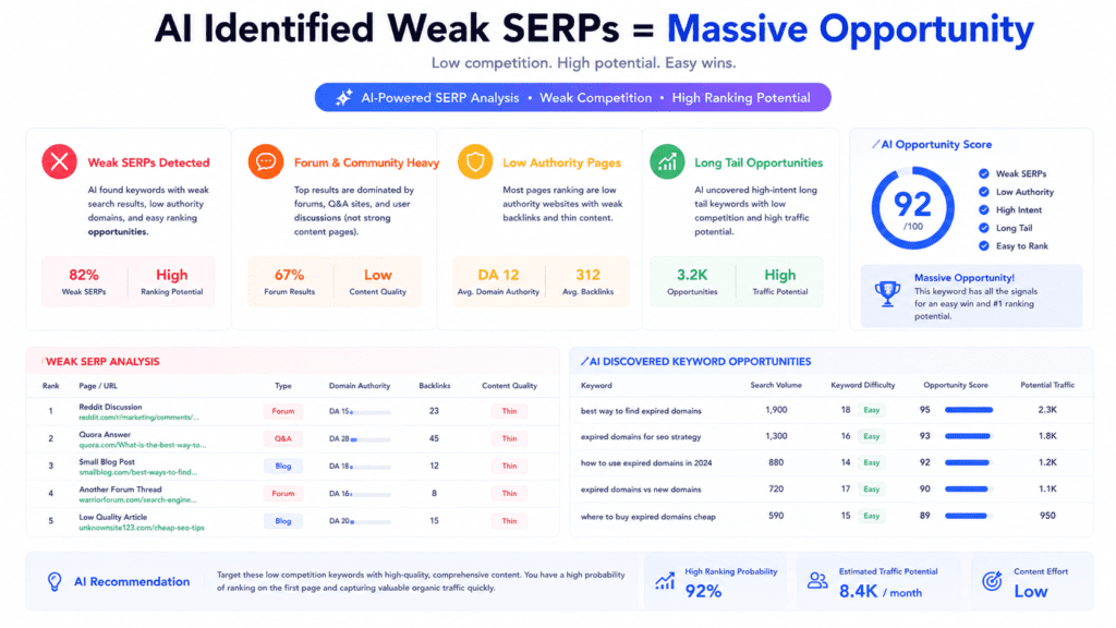 Weak SERP analysis using keyword research with AI to identify low competition ranking opportunities