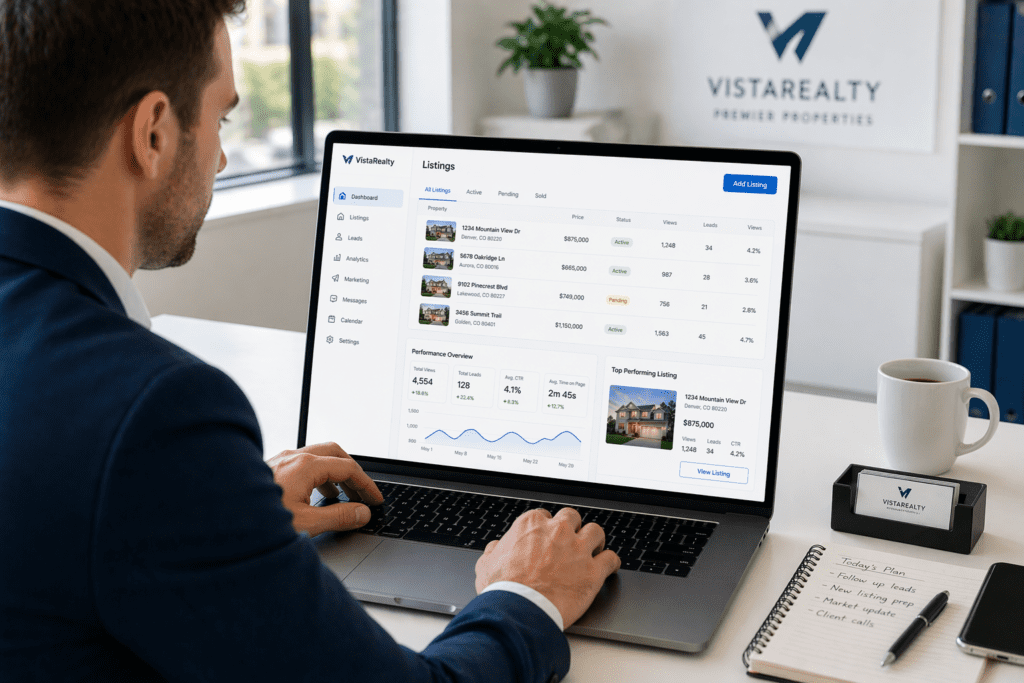 Real estate analytics dashboard tracking listing performance using AI tools for real estate on a laptop