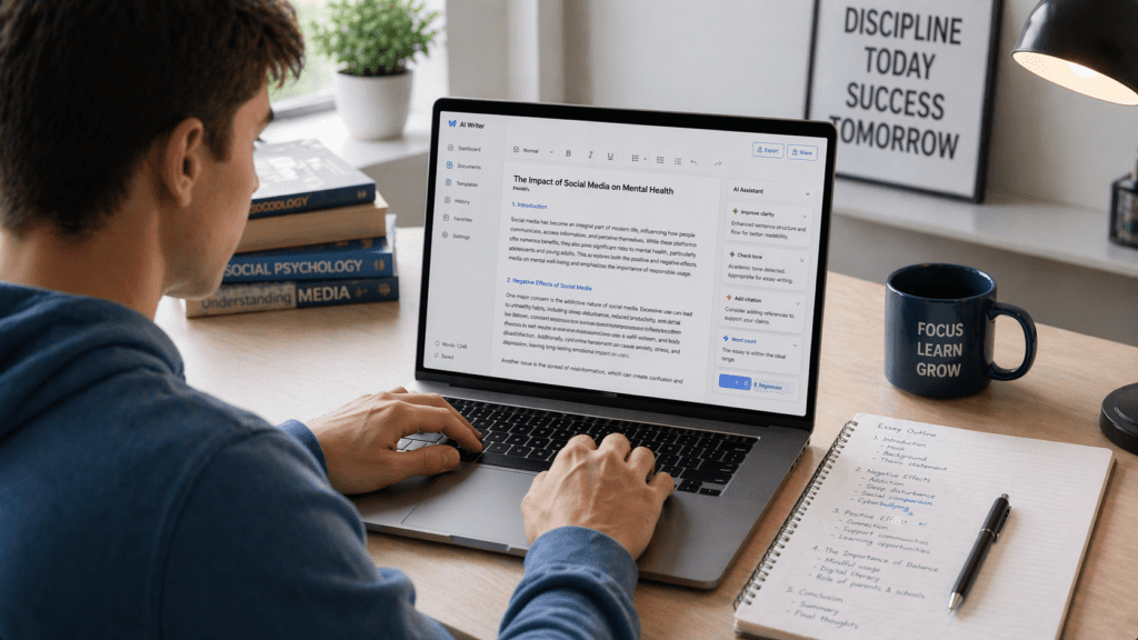 Student editing assignment using AI tools for students writing assignments to improve clarity and structure on laptop