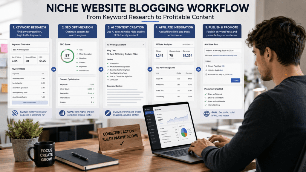 How to Make Money with AI Writing Tools using niche website blogging SEO optimization and affiliate workflows