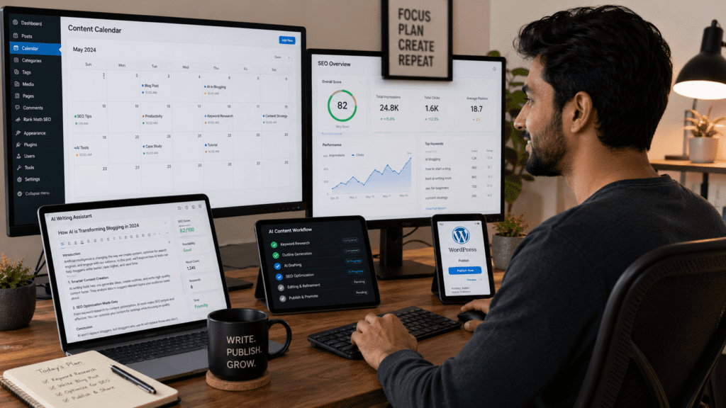 AI Blogging System for Beginners with content calendar SEO analytics WordPress publishing and workflow tracking