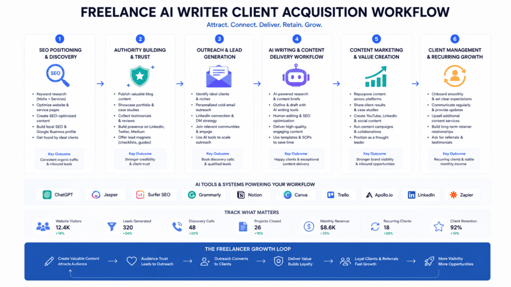 Freelance AI writer client acquisition workflow with SEO outreach content marketing and retention systems