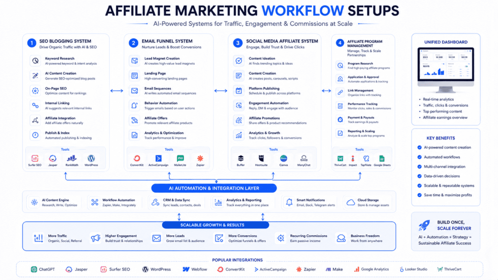 Affiliate marketing workflow setups using AI SEO blogging email funnels and automation systems