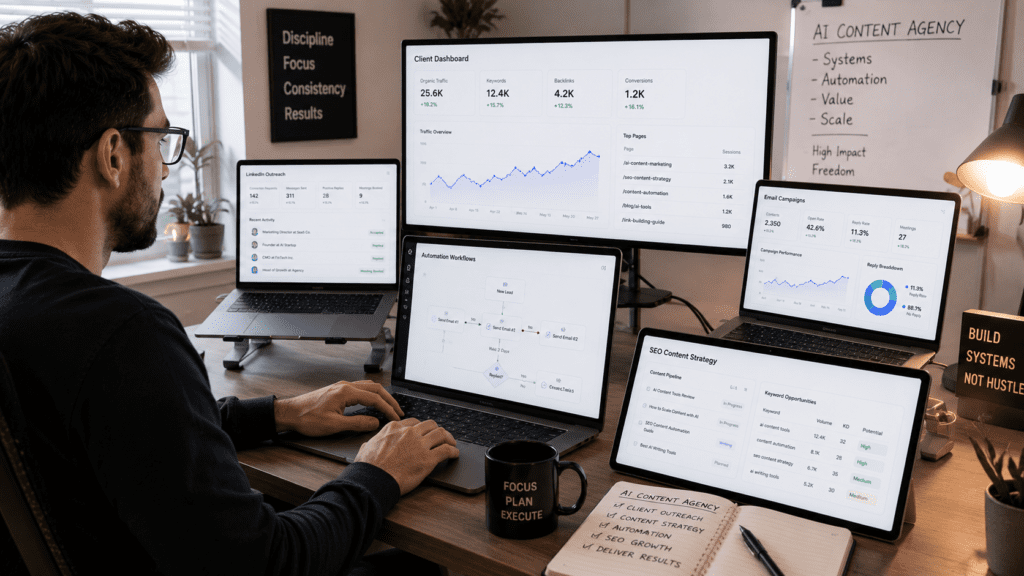 How to Start an AI Content Agency using automation workflows analytics dashboards and scalable marketing systems