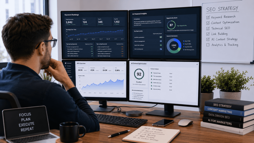 SEO analyst monitoring keyword research with AI performance dashboards and ranking analytics