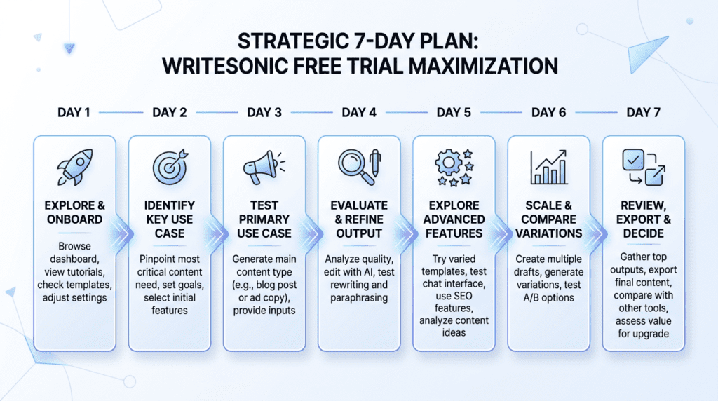 A workflow diagram outlining a strategic 7-day plan to maximize the Writesonic Free Trial Explained.