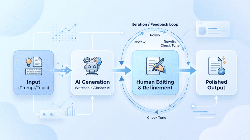 Workflow diagram showing the content generation and refinement process using AI writing assistants like Writesonic vs Jasper AI.