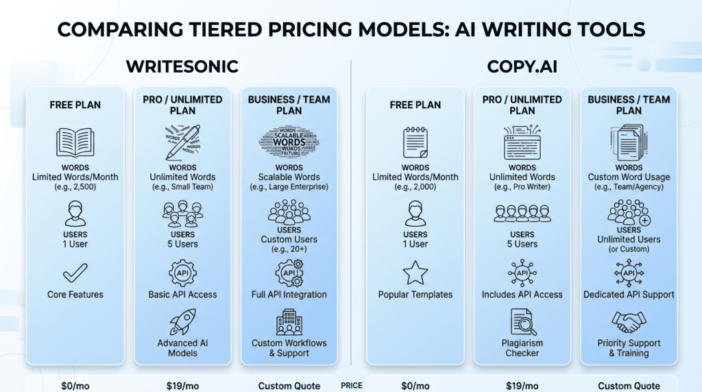 Infographic detailing the pricing models and value propositions for Writesonic vs Copy.ai.