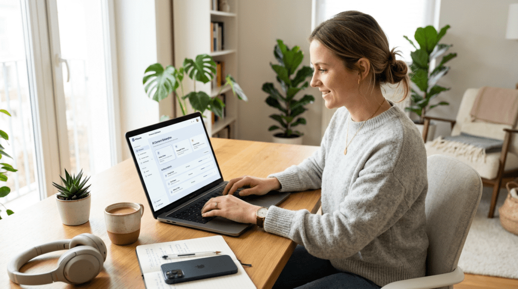 A blogger using Writesonic for Bloggers on a laptop to speed up article writing and content creation.