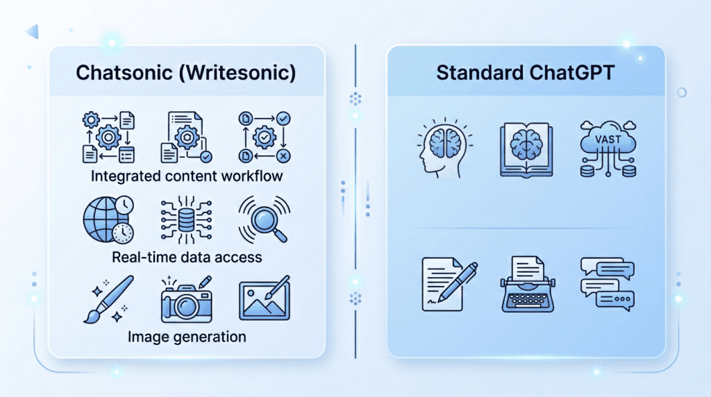 Comparison visual highlighting key differences between Chatsonic and standard ChatGPT for content tasks, explaining Writesonic features.