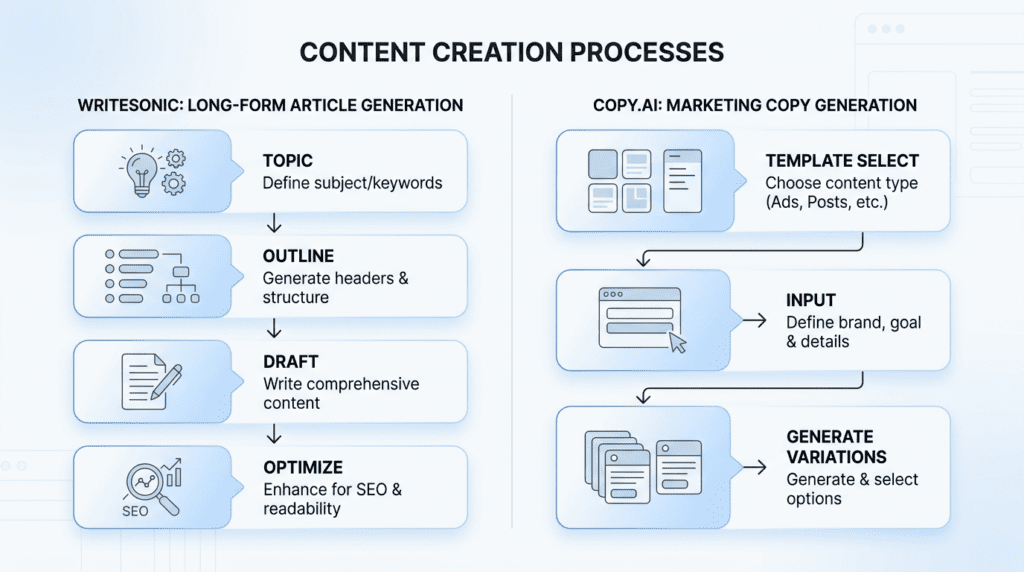 Workflow diagram comparing content creation processes for Writesonic vs Copy.ai, highlighting their distinct approaches.