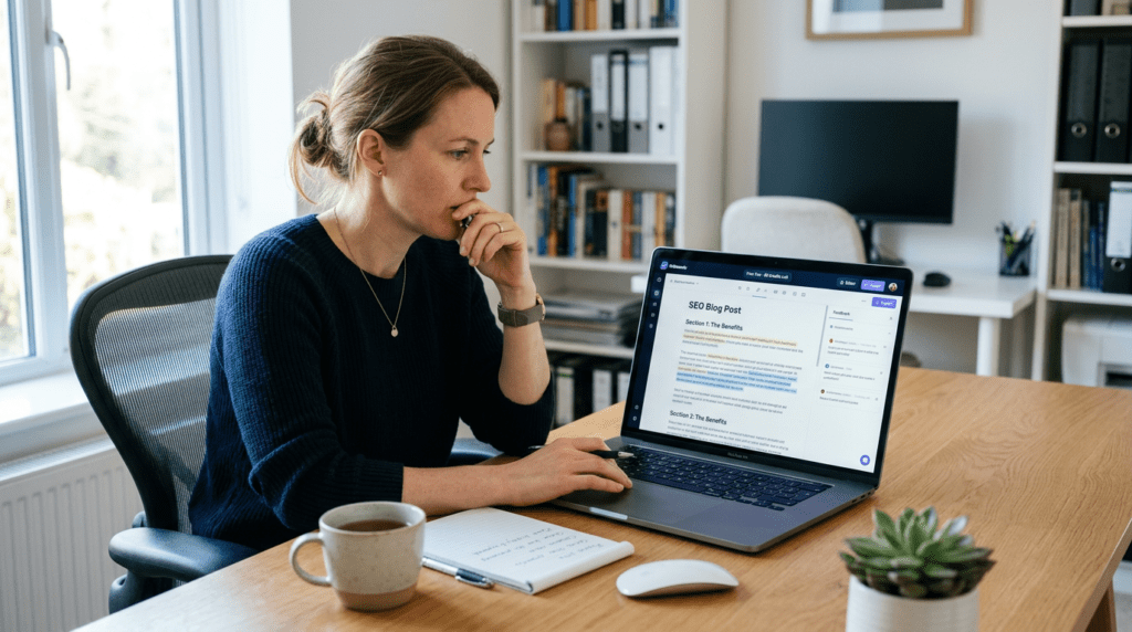 A professional evaluating the Writesonic Free Trial Explained on a laptop, reflecting on its value.