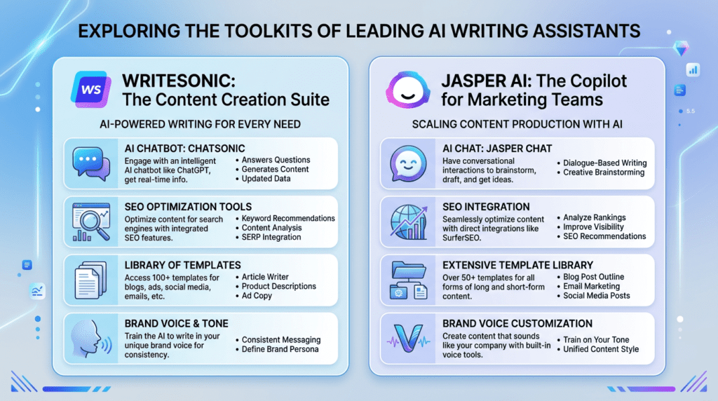 Infographic comparing the feature toolkits, including SEO and AI chat, of Writesonic vs Jasper AI.