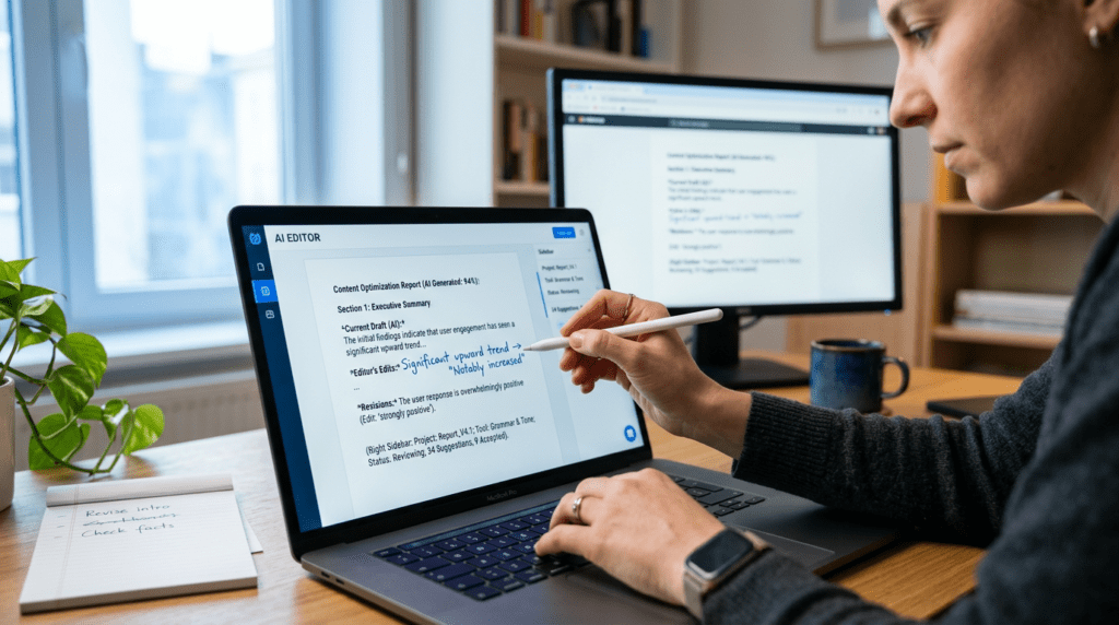 A human editor refining AI-generated content, emphasizing the 'editing imperative' in a Writesonic Review.