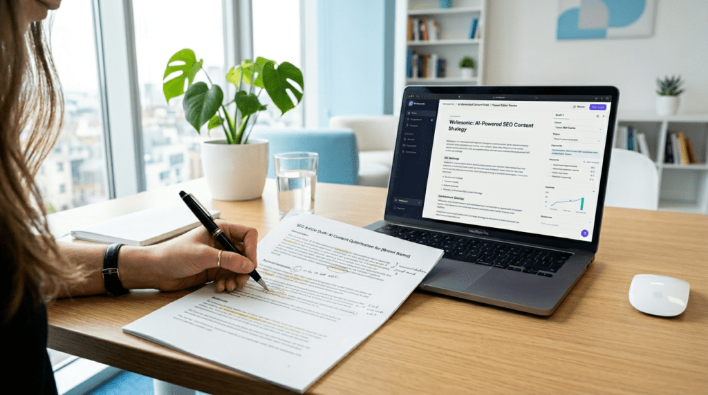 An editor reviewing AI-generated content, emphasizing human oversight for Writesonic for SEO.
