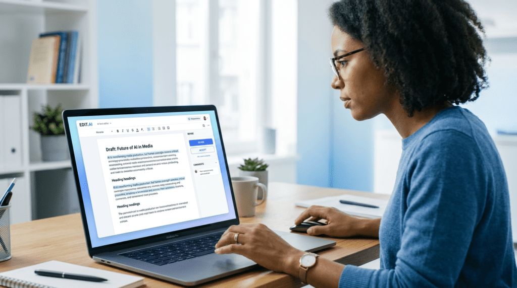 A professional editor reviewing and refining AI-generated content from Writesonic on a laptop.