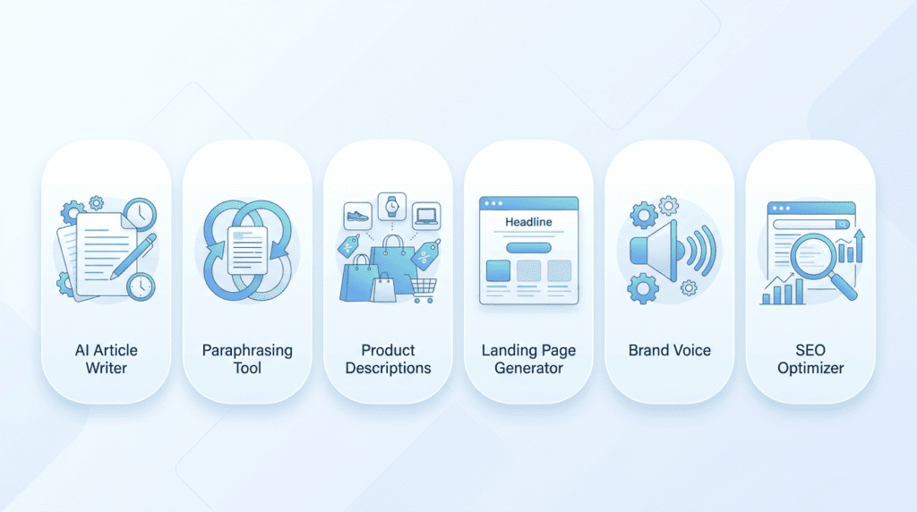 An infographic highlighting the most valuable Writesonic for affiliate marketing features for marketers.