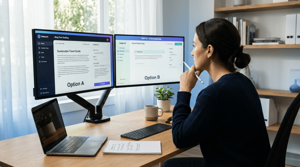A professional editor making a final decision between Writesonic vs Copy.ai for content strategy.
