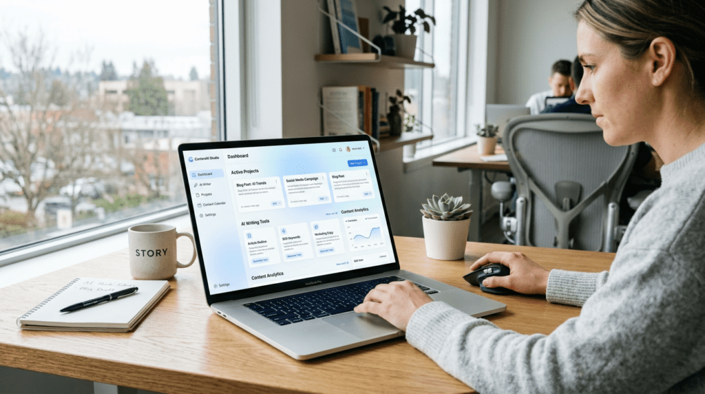 A modern workspace with a laptop displaying AI writing tool dashboards, comparing Writesonic vs Copy.ai features.