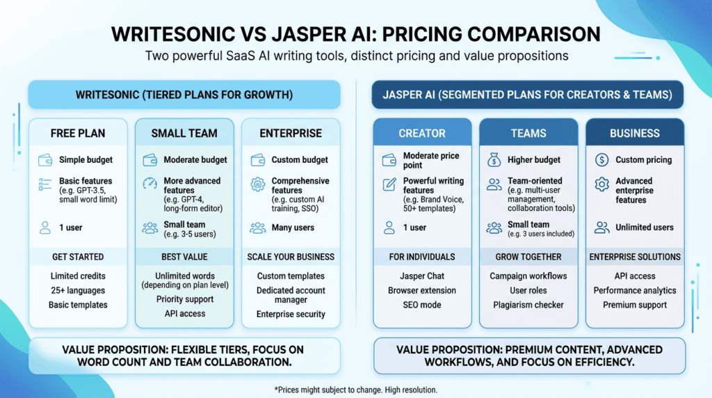 Infographic detailing the pricing and value propositions of Writesonic vs Jasper AI for different user needs.