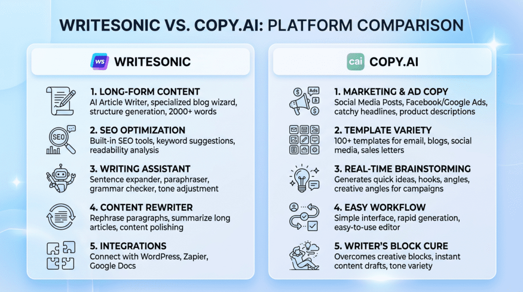 Infographic comparing Writesonic vs Copy.ai, highlighting strengths in long-form content and marketing copy.