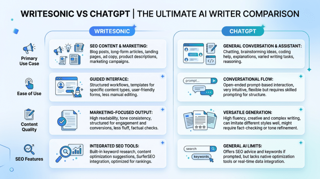 An infographic comparing Writesonic vs ChatGPT across primary use case, ease of use, and SEO features.