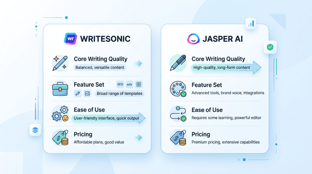 Infographic comparing key features and strengths of Writesonic vs Jasper AI for AI writing assistants.