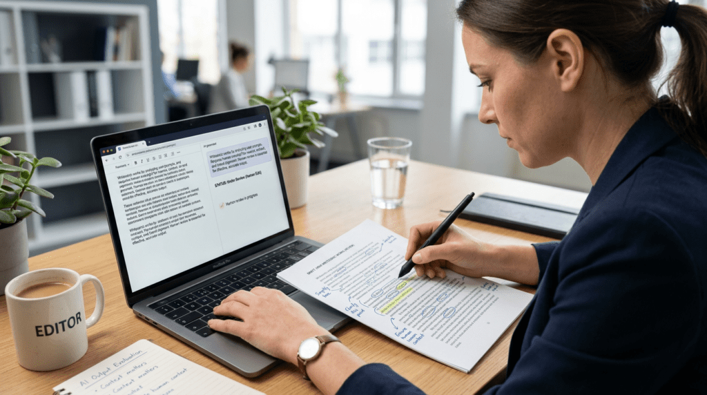 Professional editor reviewing AI-generated content, highlighting the essential human oversight for how Does Writesonic Work.