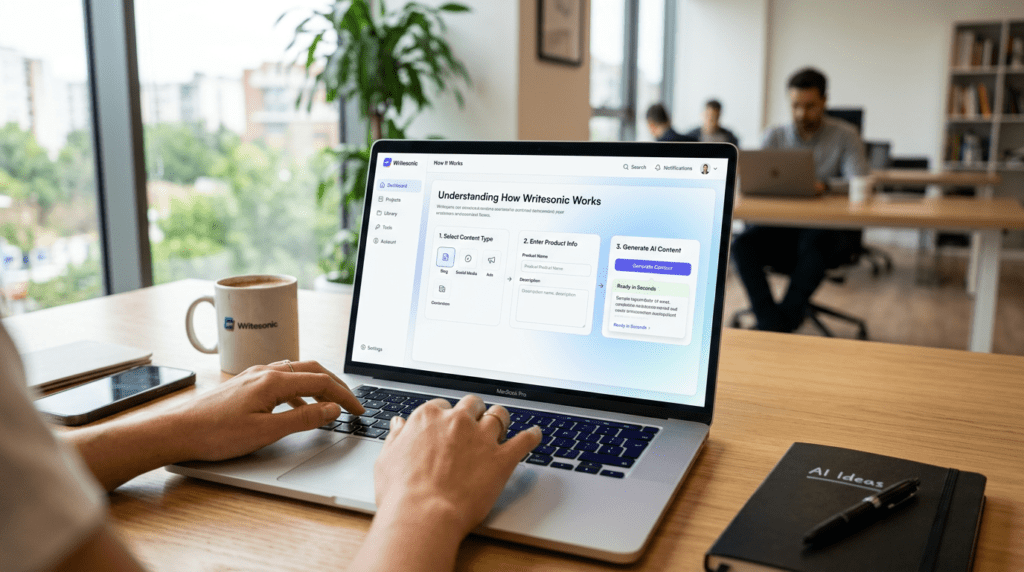 Professional workspace showcasing a clean Writesonic dashboard, illustrating how Does Writesonic Work efficiently.