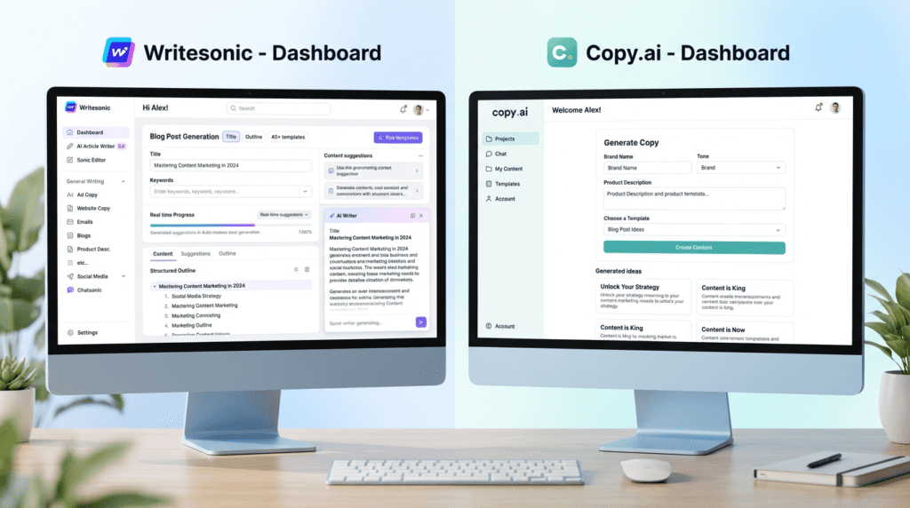Visual comparison of user interfaces for Writesonic vs Copy.ai, highlighting ease of use and complexity.