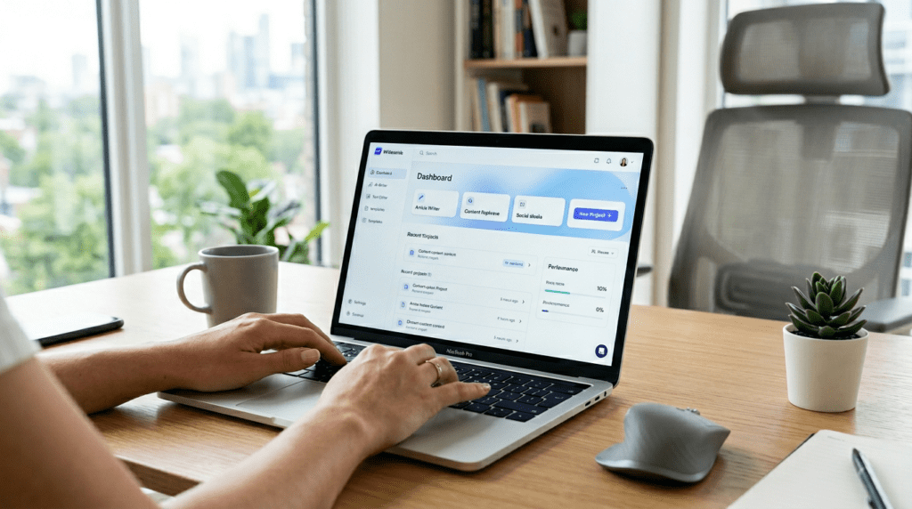 A professional workspace with a laptop showcasing Writesonic features explained for maximizing AI output.