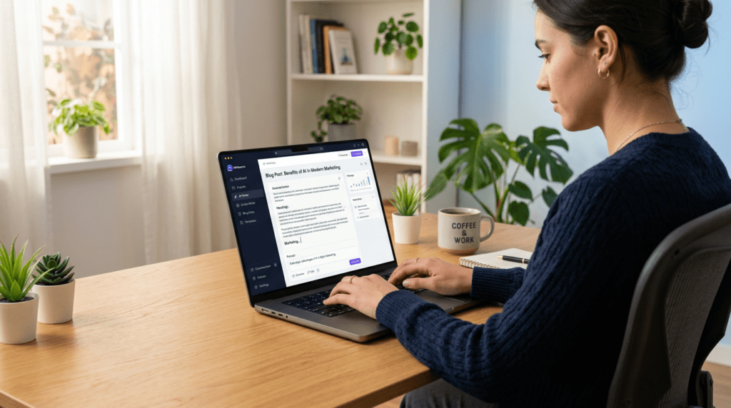 A professional workspace with a laptop displaying an AI writing dashboard, illustrating if Writesonic is worth it for content strategy.