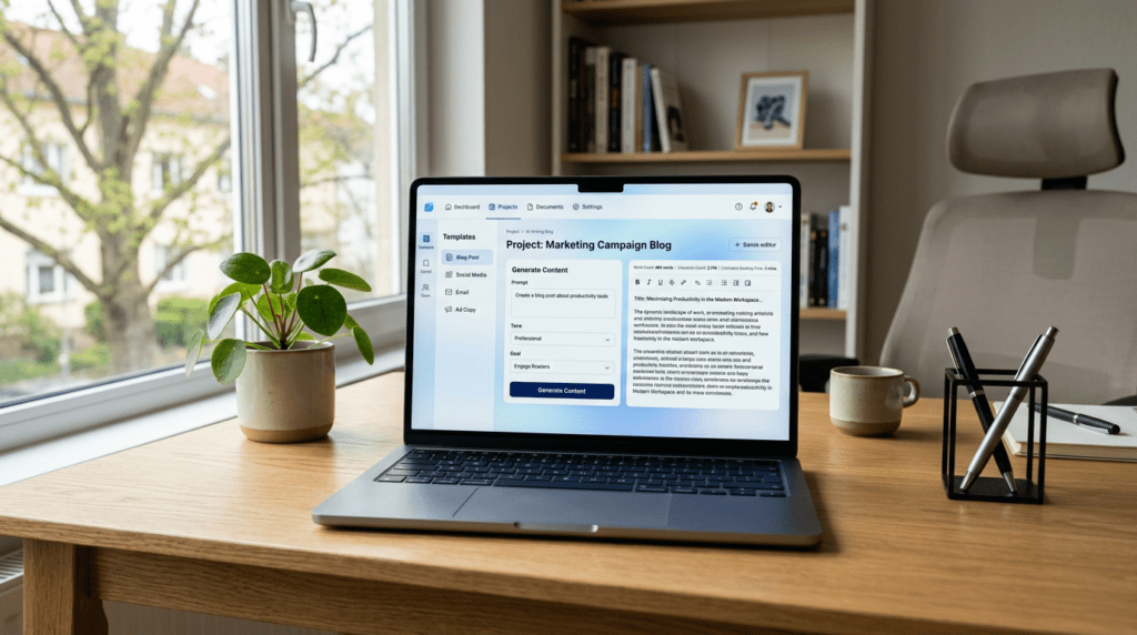 A professional workspace with a laptop displaying that What Is Writesonic AI writing tool dashboard, illustrating what is Writesonic.