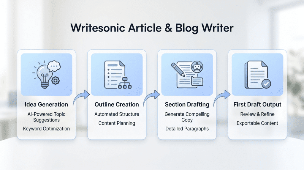 Workflow diagram showing the step-by-step process of using Writesonic's Article & Blog Writer.