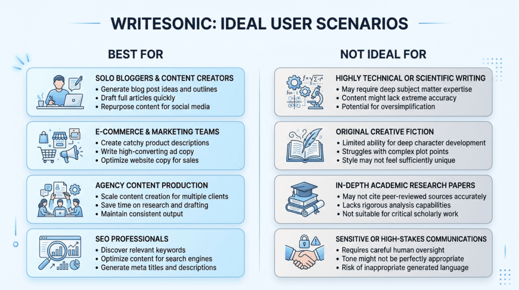 Infographic summarizing who Writesonic is worth it for, categorizing best fit users and those who should reconsider.