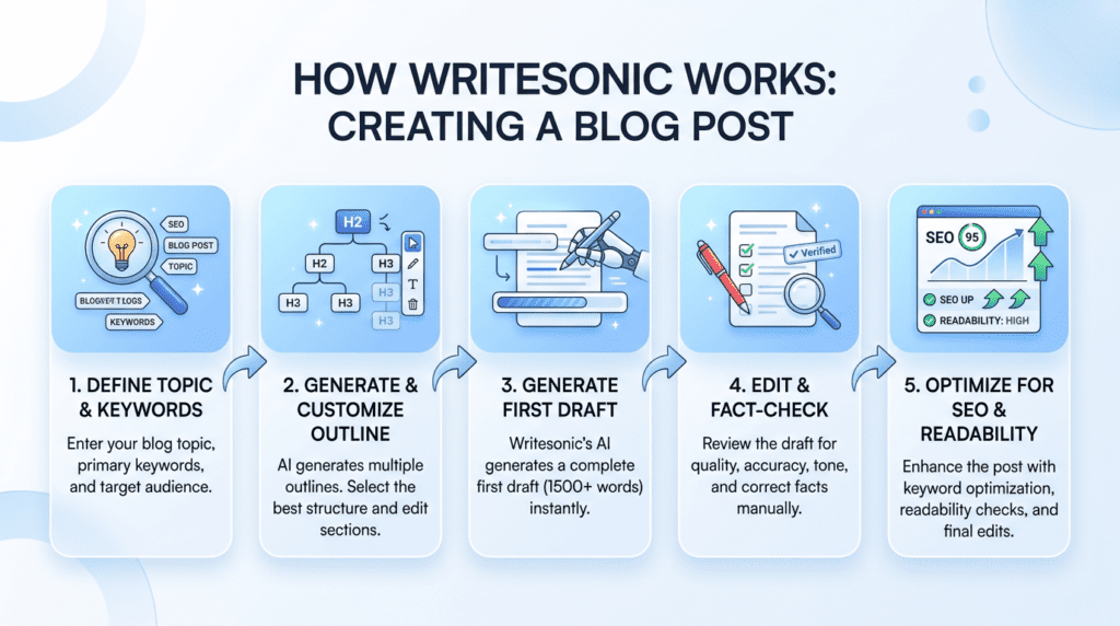 Step-by-step process diagram for creating a blog post using Writesonic's AI Article Writer, showing how Does Writesonic Work.
