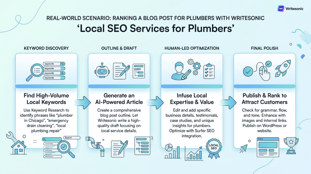 A workflow diagram showing a real-world scenario using Writesonic for SEO to rank a blog post.