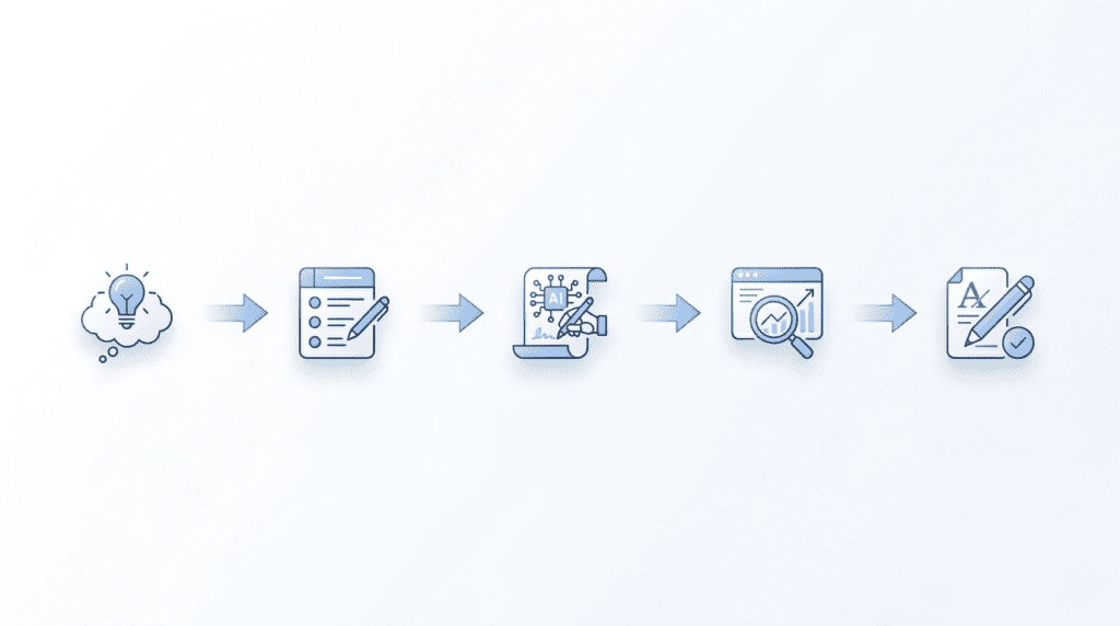 Workflow diagram showing how Writesonic for Bloggers streamlines the content creation process from idea to optimized draft.