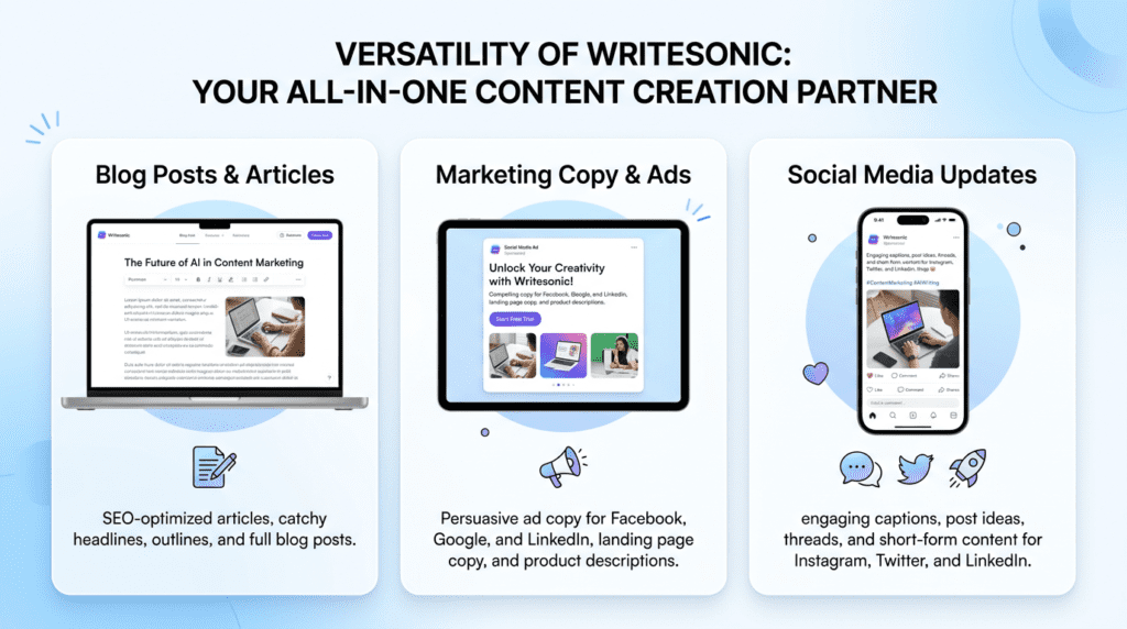 An infographic showing various content types Writesonic can create, like blog posts and marketing copy.