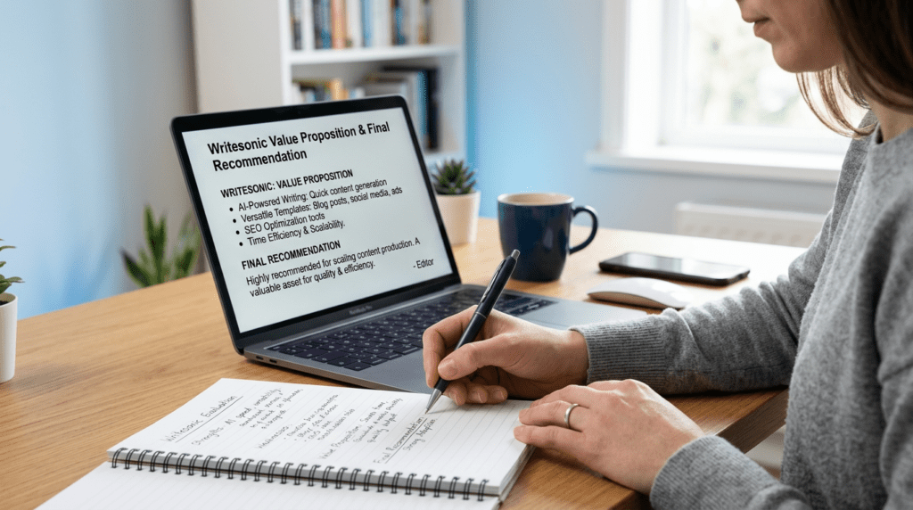 A professional workspace with notes, symbolizing the final recommendation on whether Writesonic is worth it for content creators.