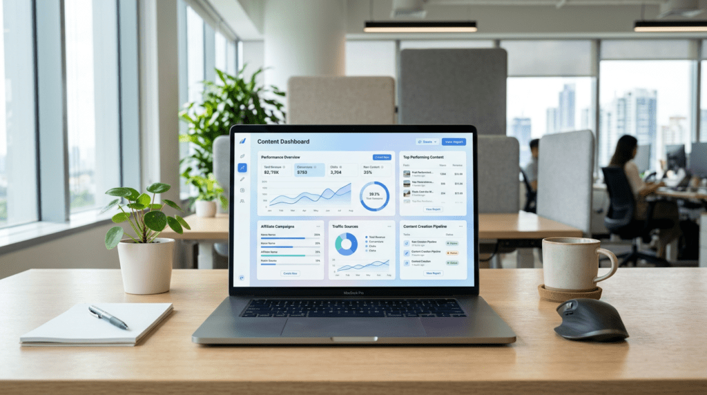 A modern workspace with a laptop displaying a Writesonic-like dashboard, symbolizing efficient content creation for affiliate marketing.